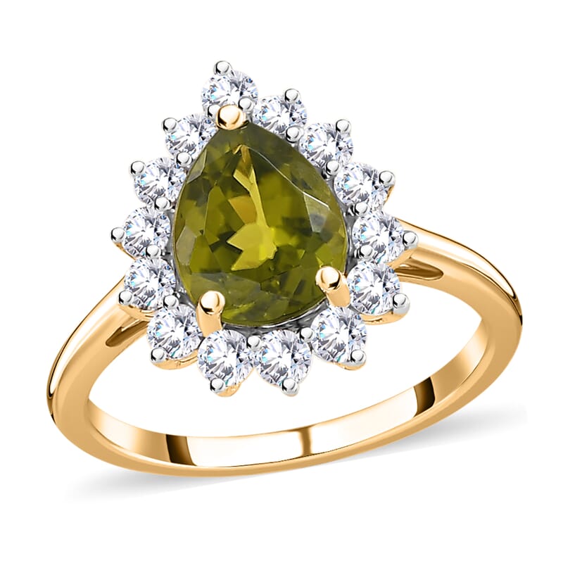 10K Yellow Gold Premium Arizona Peridot and Moissanite Halo Ring (Size 10.0) 2.40 ctw