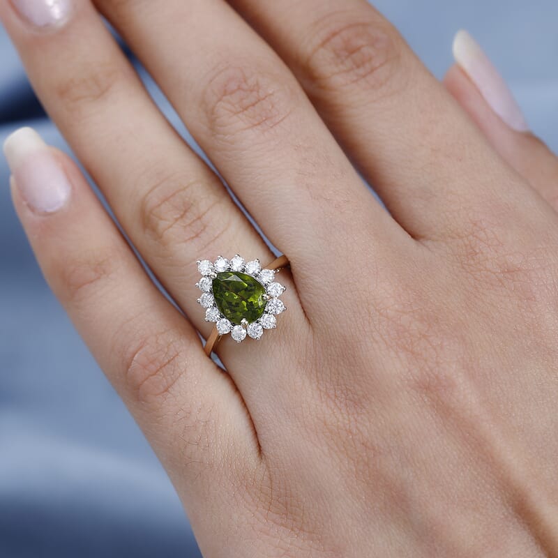 10K Yellow Gold Premium Arizona Peridot and Moissanite Halo Ring (Size 10.0) 2.40 ctw
