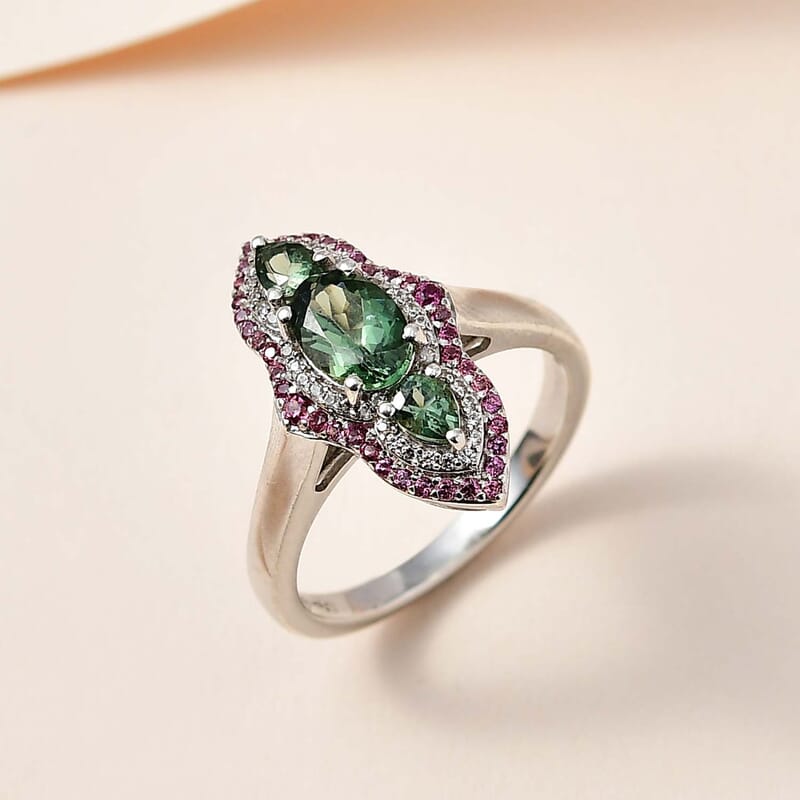 Tanzanian Natural Green Apatite and Multi Gemstone Ring in Platinum Over Sterling Silver (Size 10.0) 1.70 ctw