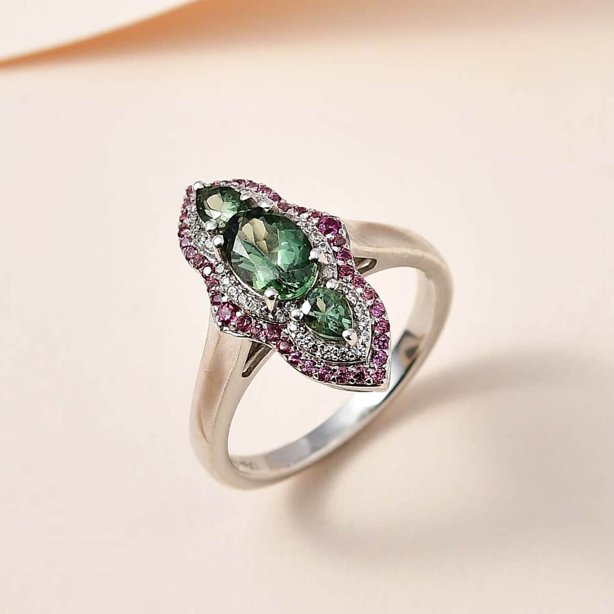 Tanzanian Natural Green Apatite and Multi Gemstone Ring in Platinum Over Sterling Silver (Size 7.0) 1.70 ctw image number 1