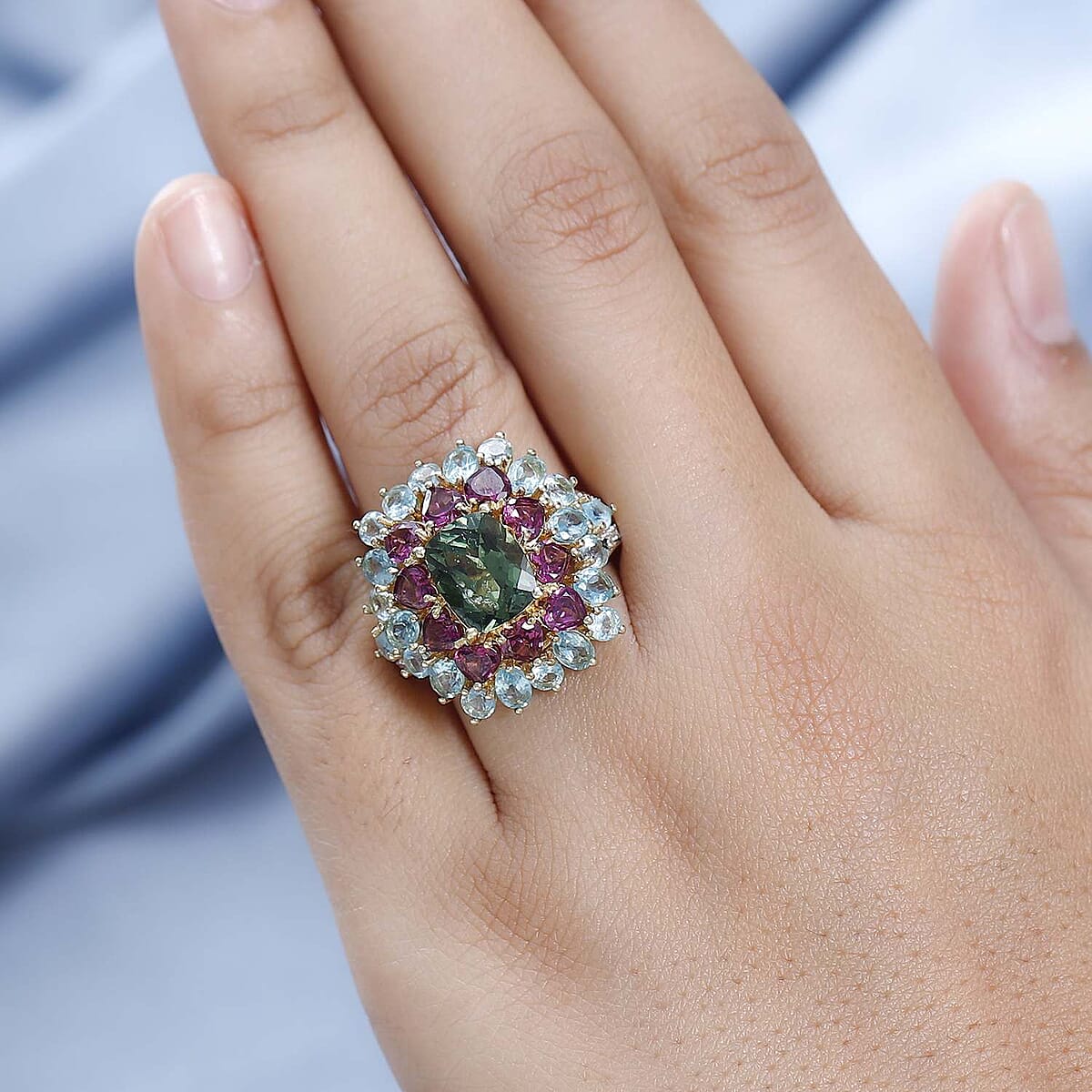 Tanzania Natural Green Apatite, Multi Gemstone Ring in Vermeil YG Over Sterling Silver (Size 10.0) 9.30 ctw image number 2