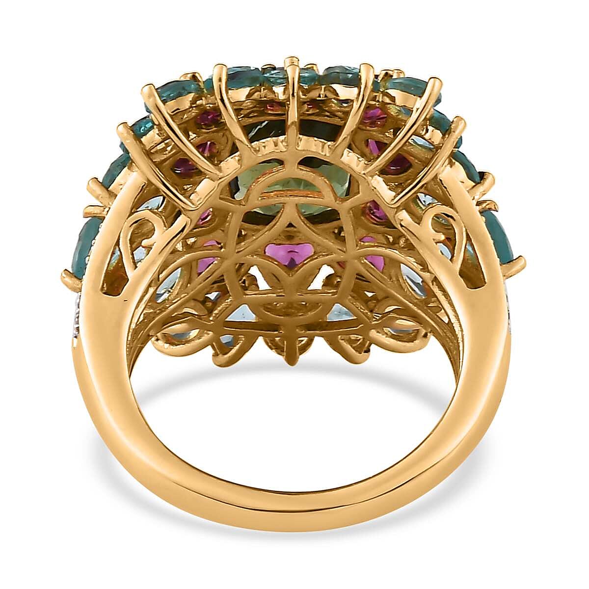 Tanzanian Natural Green Apatite and Multi Gemstone Cocktail Ring in Vermeil Yellow Gold Over Sterling Silver (Size 10.0) 9.30 ctw