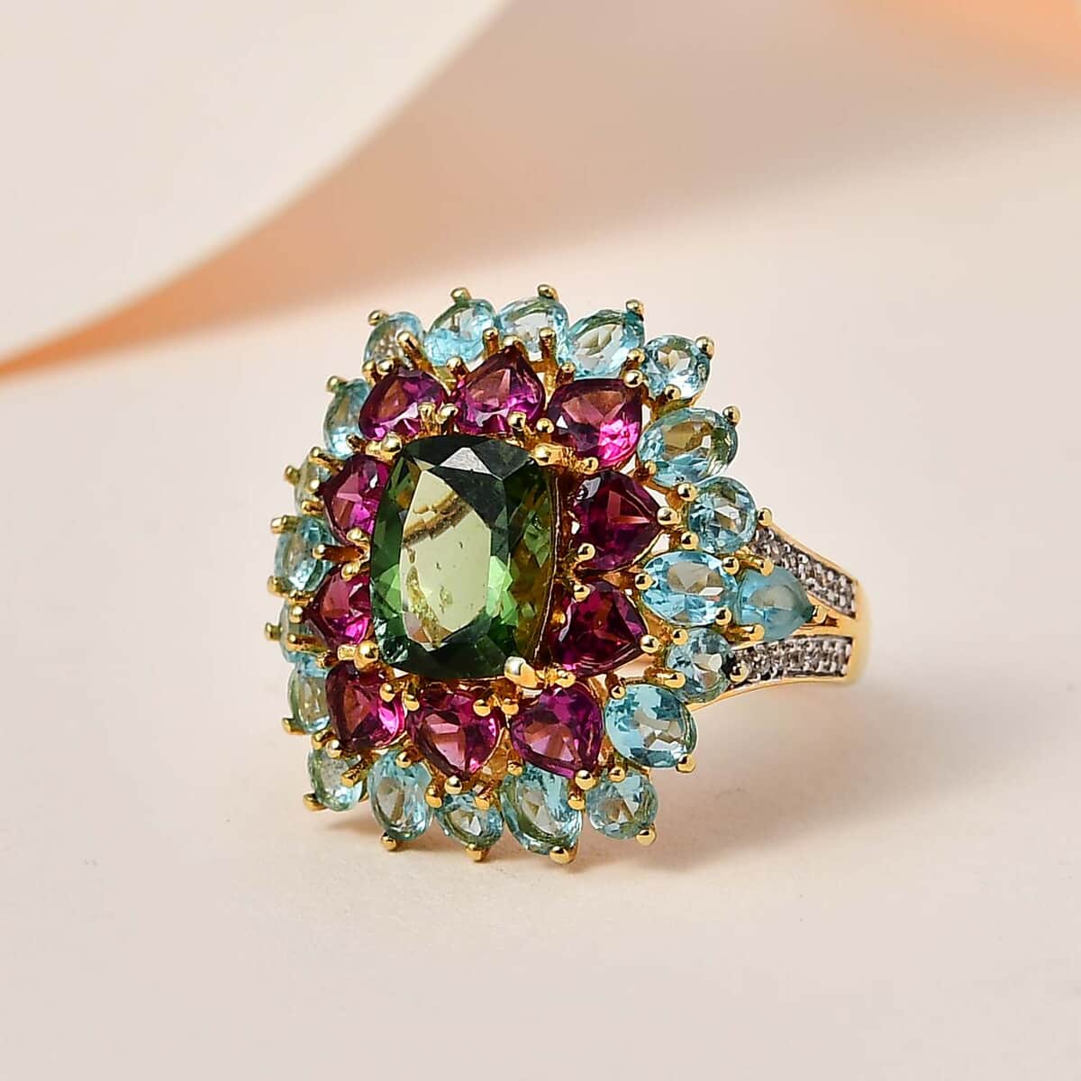 Tanzanian Natural Green Apatite and Multi Gemstone Cocktail Ring in Vermeil Yellow Gold Over Sterling Silver (Size 6.0) 9.30 ctw image number 1