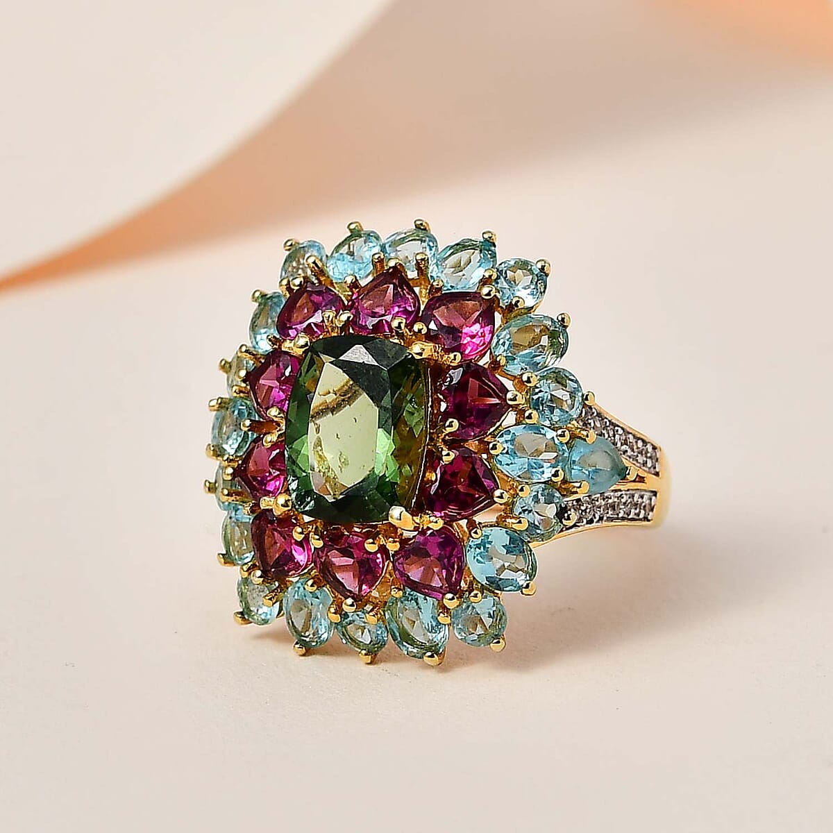 Tanzanian Natural Green Apatite and Multi Gemstone Cocktail Ring in Vermeil Yellow Gold Over Sterling Silver (Size 7.0) 9.30 ctw image number 1