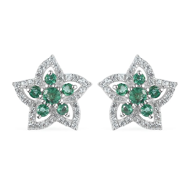 Premium Kagem Zambian Emerald and White Zircon 1.20 ctw Stud Earrings in Rhodium Over Sterling Silver