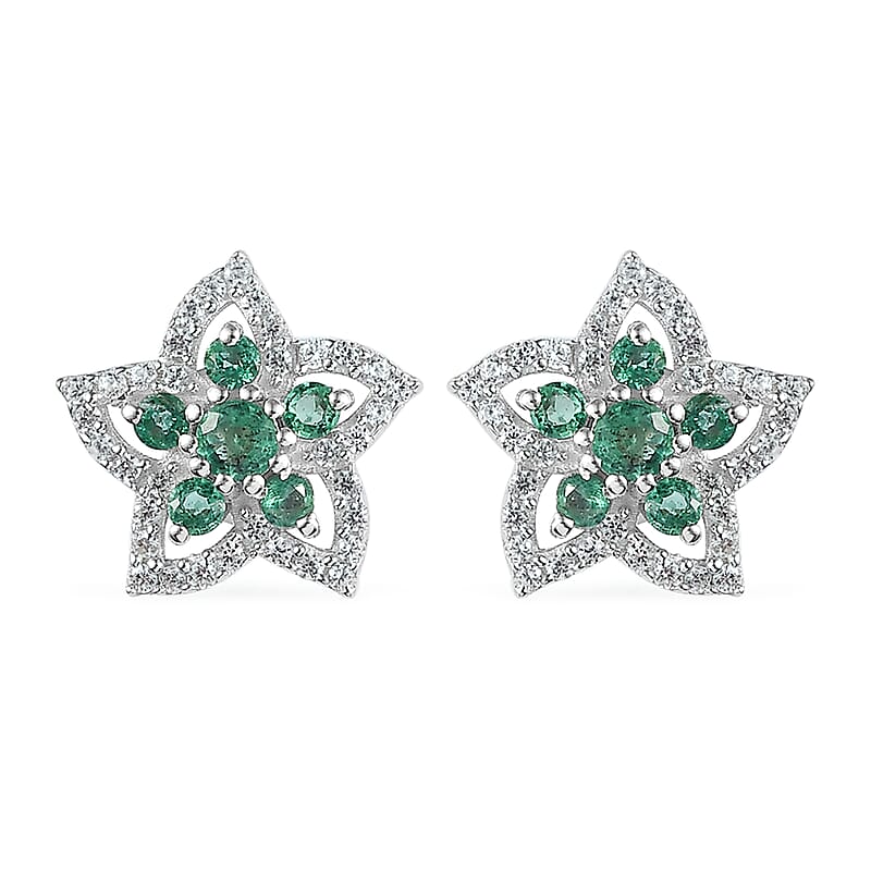 Premium Kagem Zambian Emerald and White Zircon 1.20 ctw Stud Earrings in Rhodium Over Sterling Silver