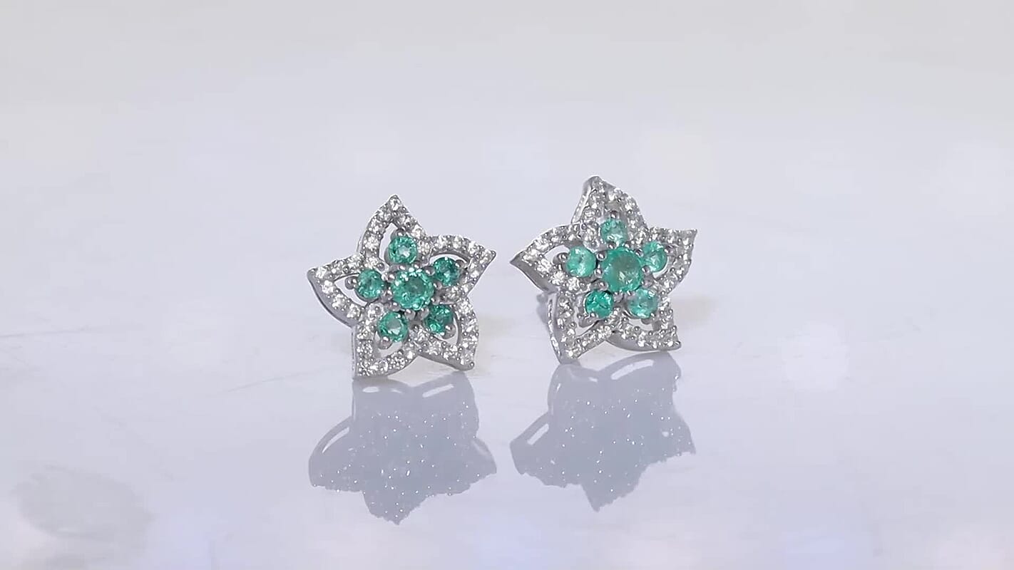 Premium Kagem Zambian Emerald, White Zircon Stud Earrings in Rhodium Over Sterling Silver 1.20 ctw