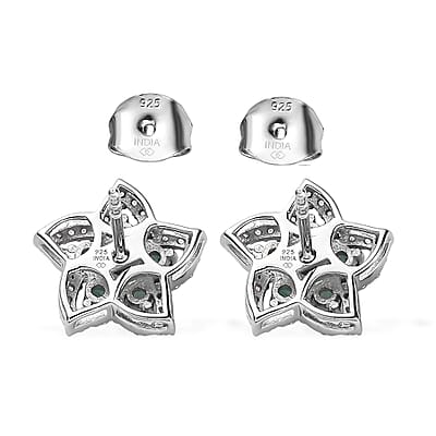 Premium Kagem Zambian Emerald and White Zircon 1.20 ctw Stud Earrings in Rhodium Over Sterling Silver