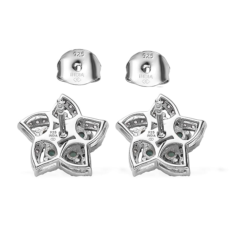 Premium Kagem Zambian Emerald and White Zircon 1.20 ctw Stud Earrings in Rhodium Over Sterling Silver