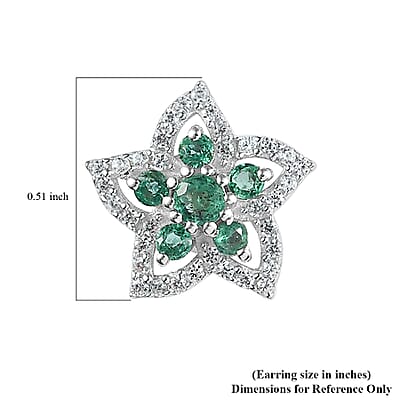 Premium Kagem Zambian Emerald and White Zircon 1.20 ctw Stud Earrings in Rhodium Over Sterling Silver