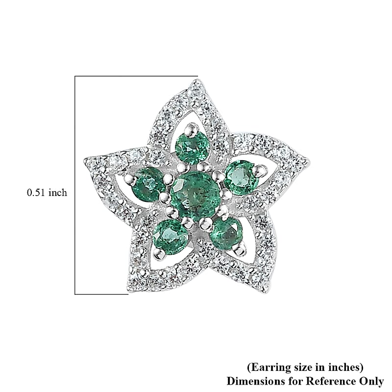 Premium Kagem Zambian Emerald and White Zircon 1.20 ctw Stud Earrings in Rhodium Over Sterling Silver