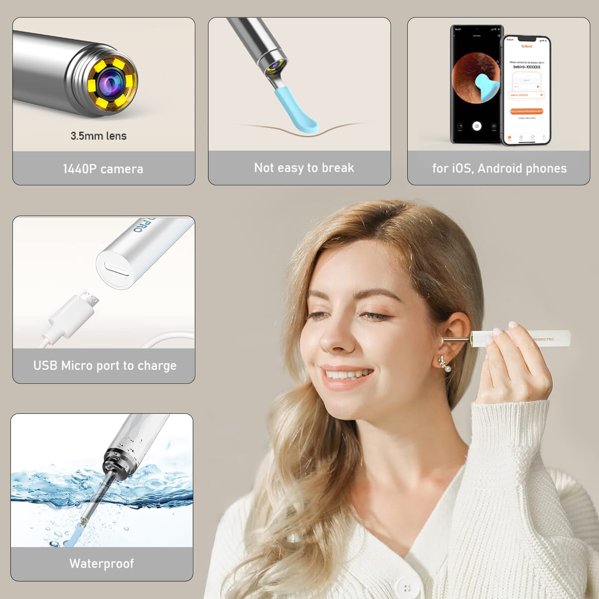 Bebird Pro FDA Ear Wax Removal Tool with HD Camera and 6 LED Lights BONUS Blackhead Remover Tool (Kit for iOS & Android) - White image number 1