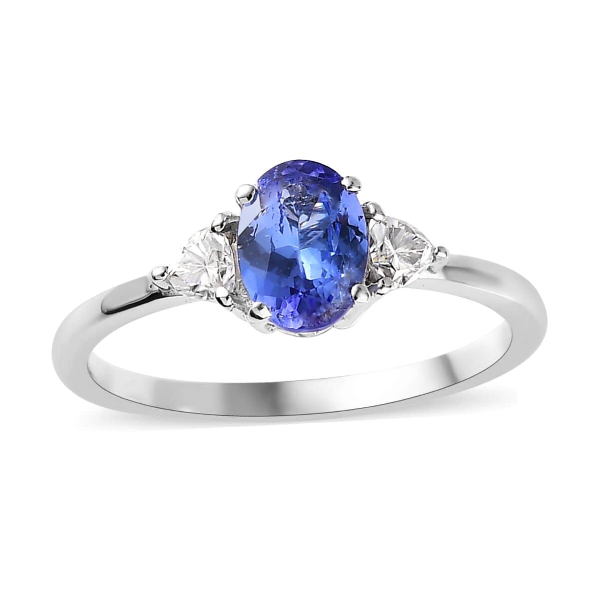 AAA Tanzanite, Moissanite 3 Stone Ring in Platinum Over Sterling Silver (Size 7.0) 1.10 ctw image number 0