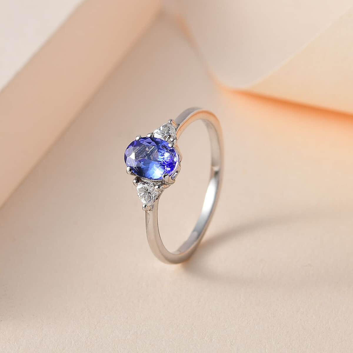 AAA Tanzanite, Moissanite 3 Stone Ring in Platinum Over Sterling Silver (Size 7.0) 1.10 ctw image number 1