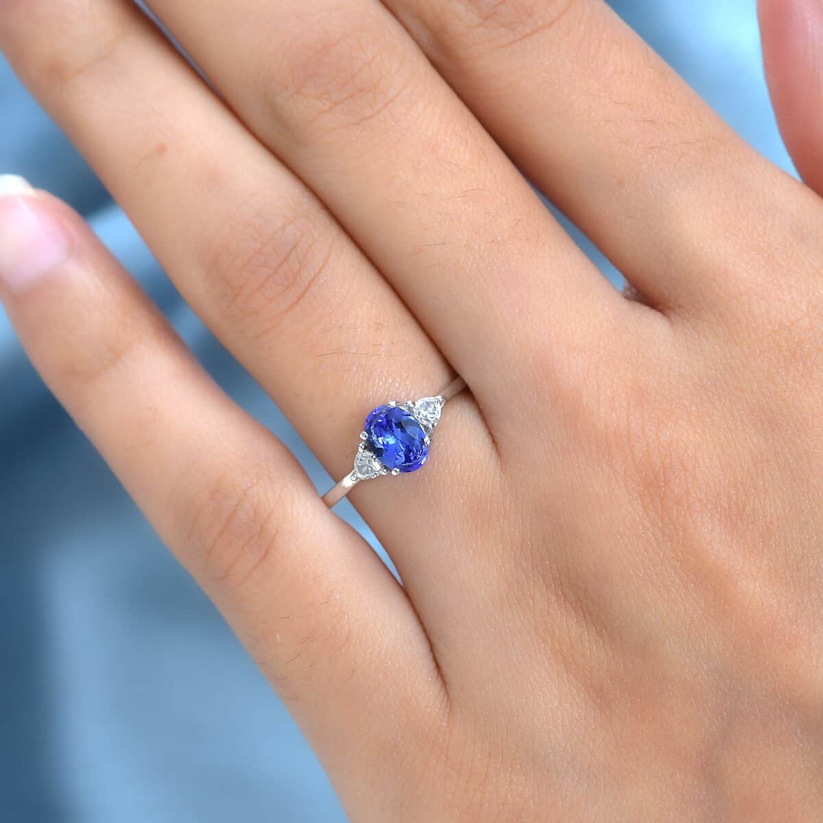 AAA Tanzanite, Moissanite 3 Stone Ring in Platinum Over Sterling Silver (Size 7.0) 1.10 ctw image number 2