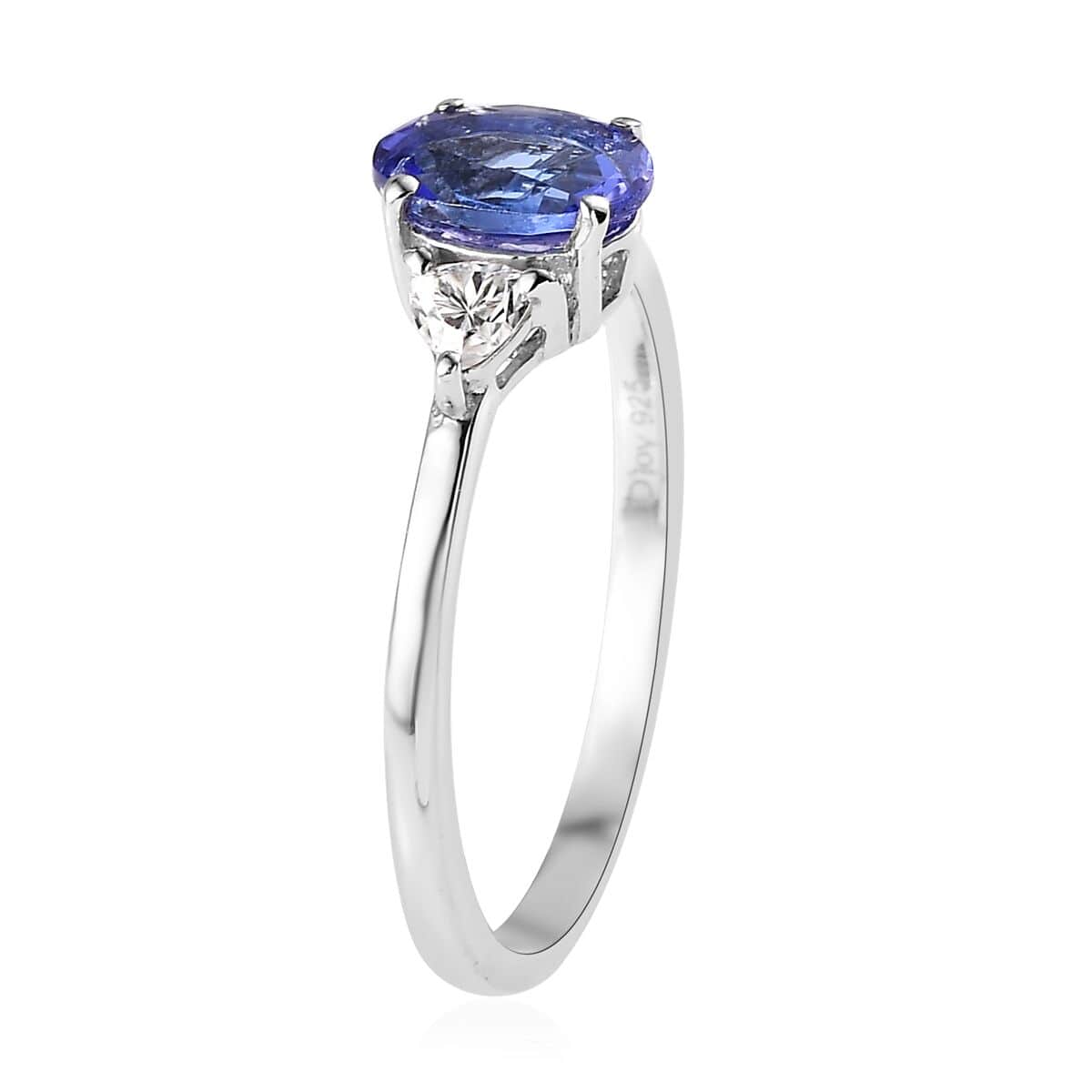 AAA Tanzanite, Moissanite 3 Stone Ring in Platinum Over Sterling Silver (Size 7.0) 1.10 ctw image number 3