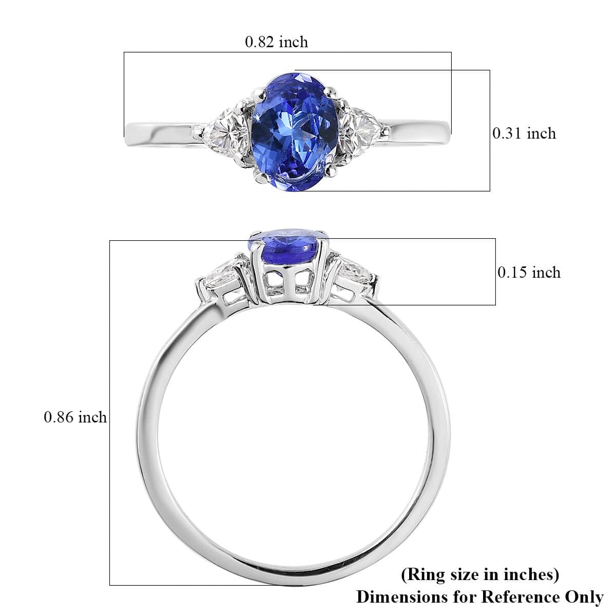 AAA Tanzanite, Moissanite 3 Stone Ring in Platinum Over Sterling Silver (Size 7.0) 1.10 ctw image number 5