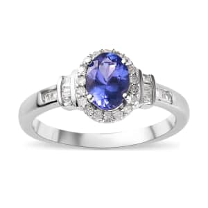 AAA Tanzanite and Diamond Halo Ring in Platinum Over Sterling Silver (Size 7.0) 1.00 ctw