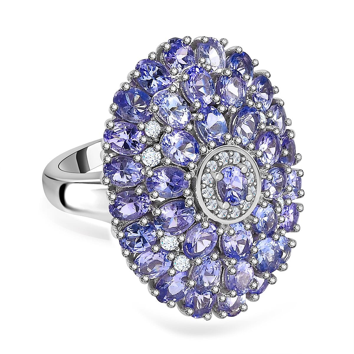Tanzanite and White Zircon 6.69 ctw Ring in Platinum Over Sterling Silver (Size 11.5)