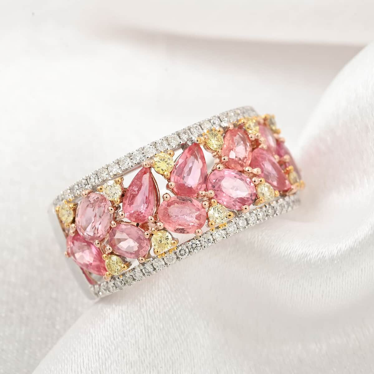 Modani 14K Yellow and White Gold AAAA Padparadscha Sapphire Beryllium Treated, Natural White and Yellow Diamond (I2-I3) (0.50 cts) Ring (Size 6.0) (5.35 g) 3.15 ctw image number 1