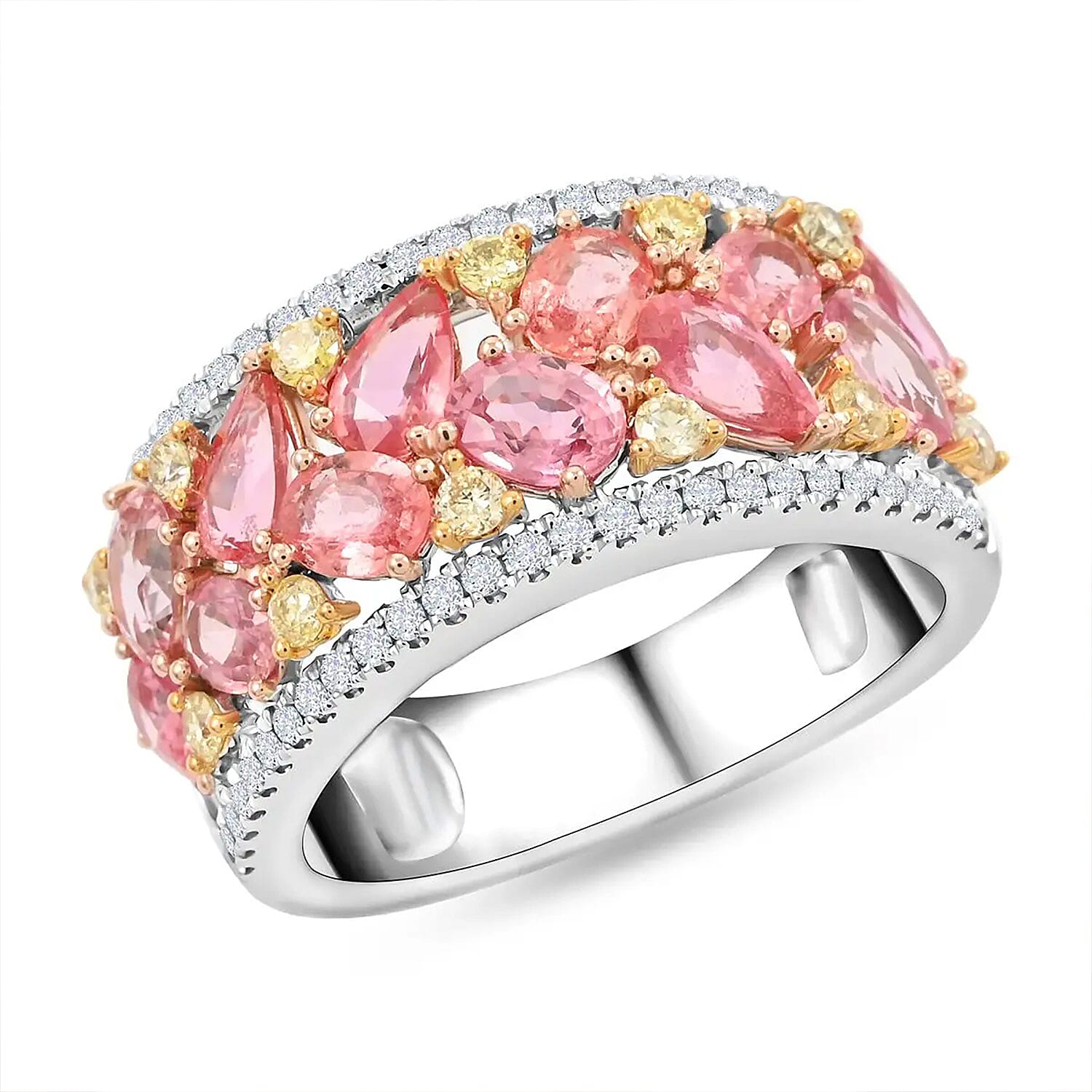 Modani 14K Yellow and White Gold Padparadscha Sapphire, I2-I3 Natural White and Yellow Diamond Ring (Size 8.0) 5.35 Grams 3.15 ctw