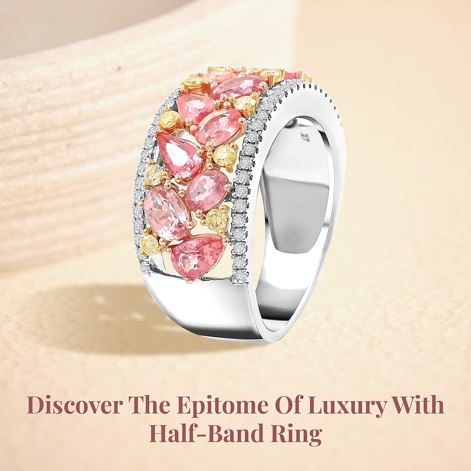 Modani 14K Yellow and White Gold Padparadscha Sapphire, I2-I3 Natural White and Yellow Diamond Ring (Size 8.0) 5.35 Grams 3.15 ctw