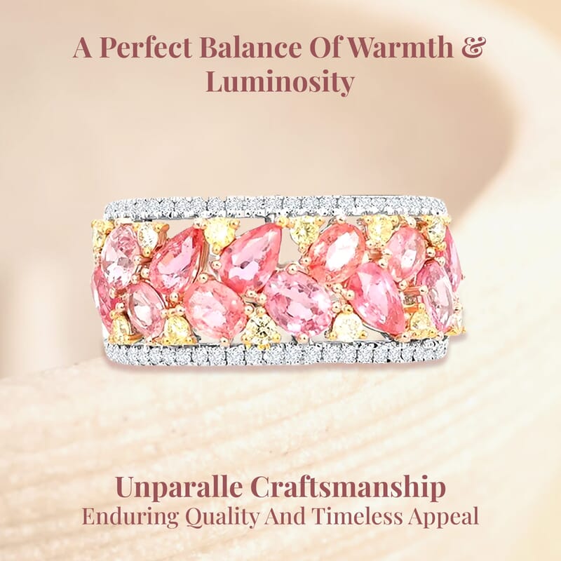 Modani 14K Yellow and White Gold Padparadscha Sapphire, I2-I3 Natural White and Yellow Diamond Ring (Size 8.0) 5.35 Grams 3.15 ctw