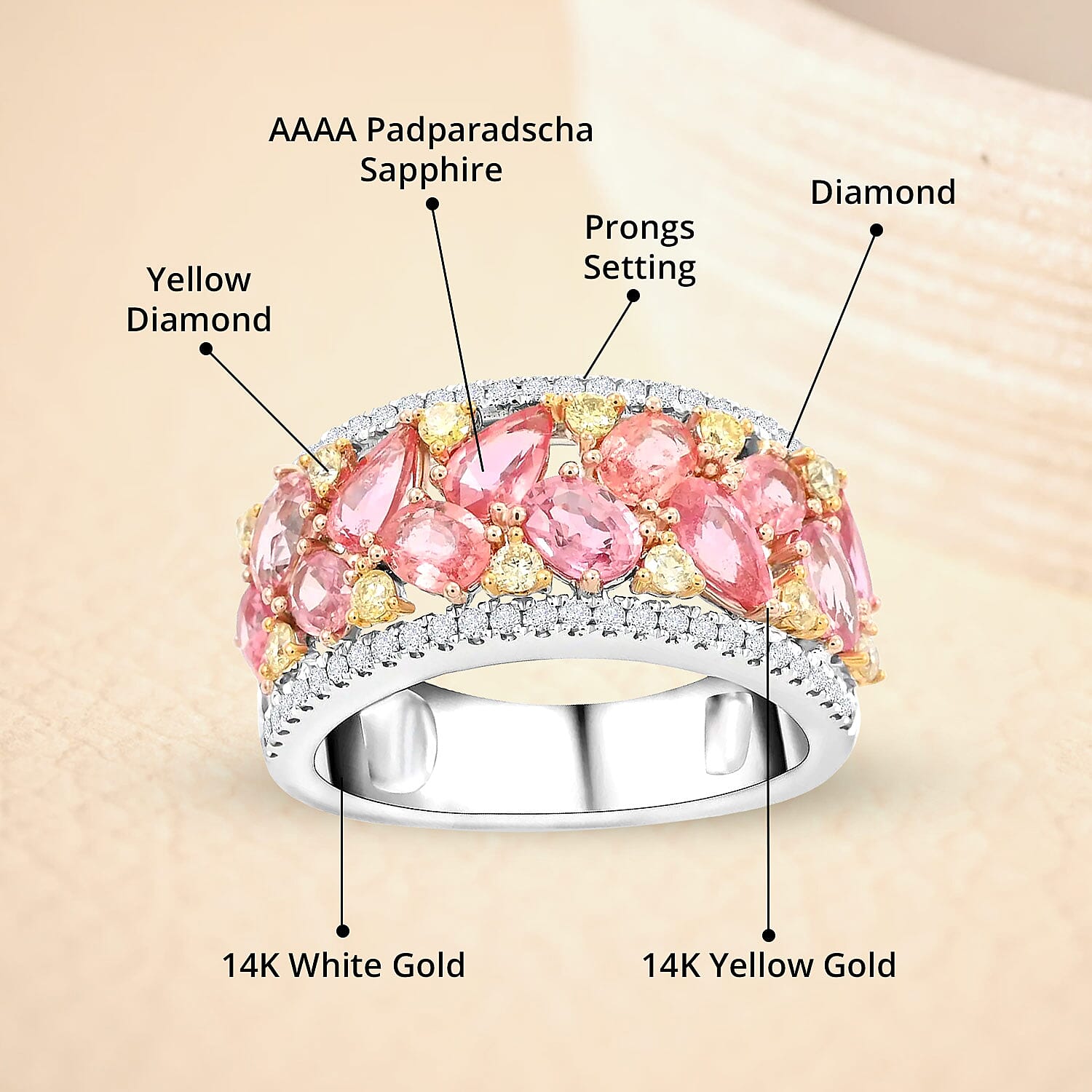Modani 14K Yellow and White Gold Padparadscha Sapphire, I2-I3 Natural White and Yellow Diamond Ring (Size 8.0) 5.35 Grams 3.15 ctw