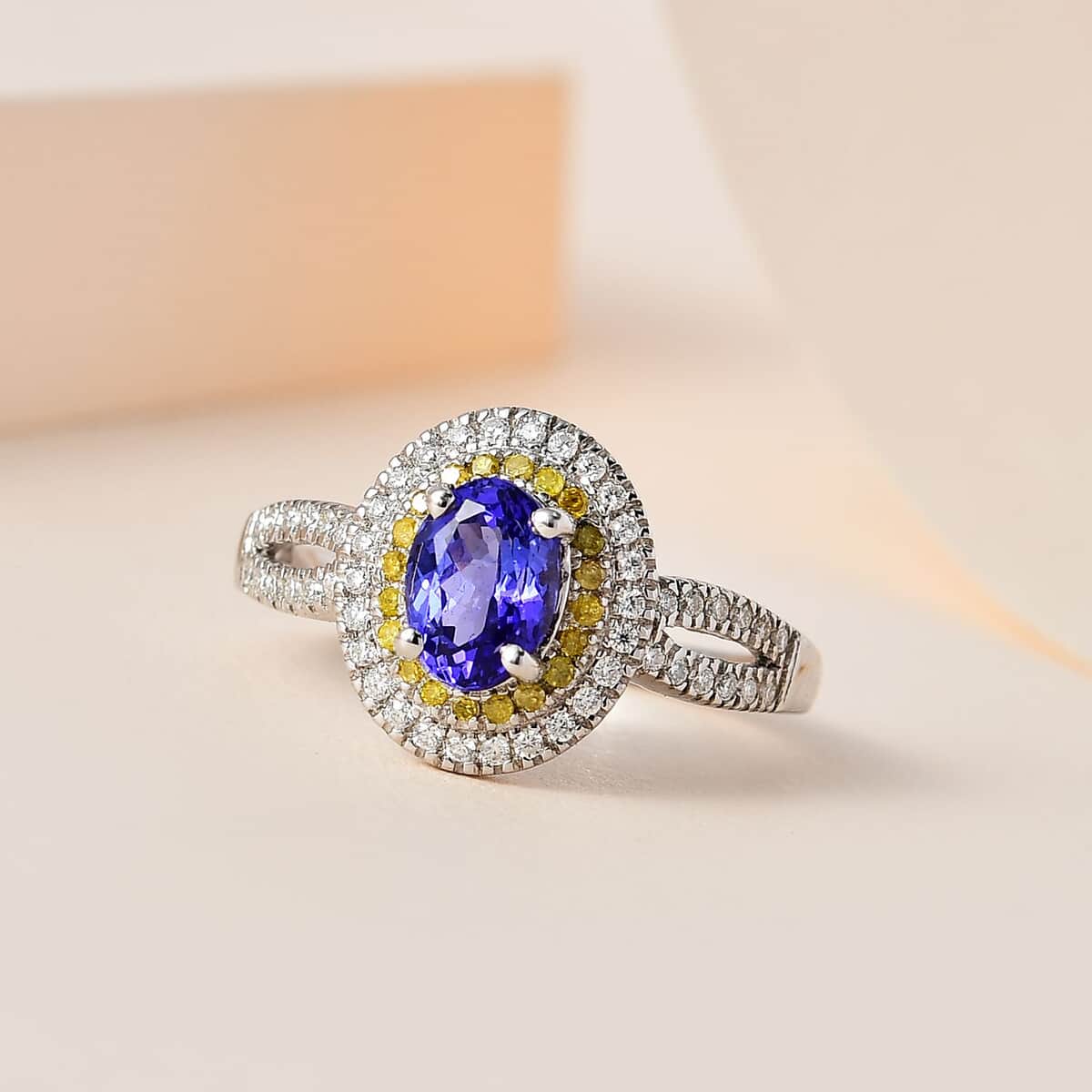 AAA Tanzanite, Moissanite and Yellow Diamond Double Halo Ring in Platinum Over Sterling Silver (Size 7.0) 1.70 ctw image number 1