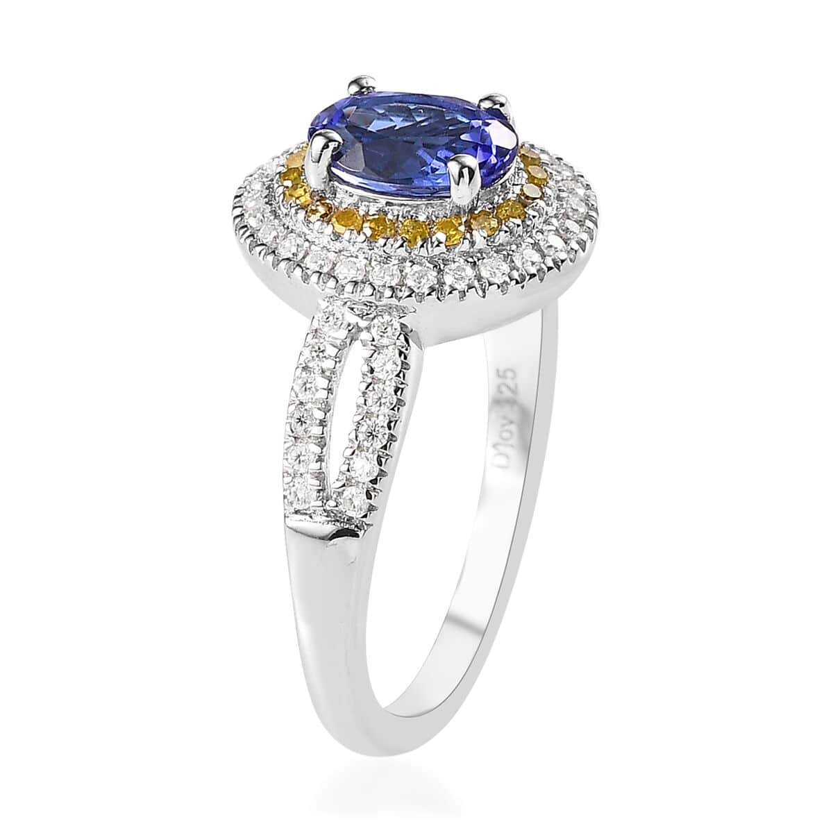 AAA Tanzanite, Moissanite and Yellow Diamond Double Halo Ring in Platinum Over Sterling Silver (Size 7.0) 1.70 ctw image number 3