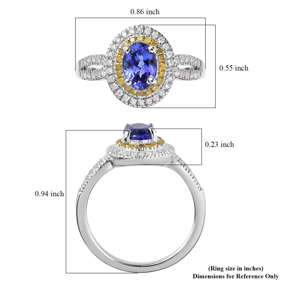 AAA Tanzanite, Moissanite and Yellow Diamond Double Halo Ring in Platinum Over Sterling Silver (Size 7.0) 1.70 ctw image number 5