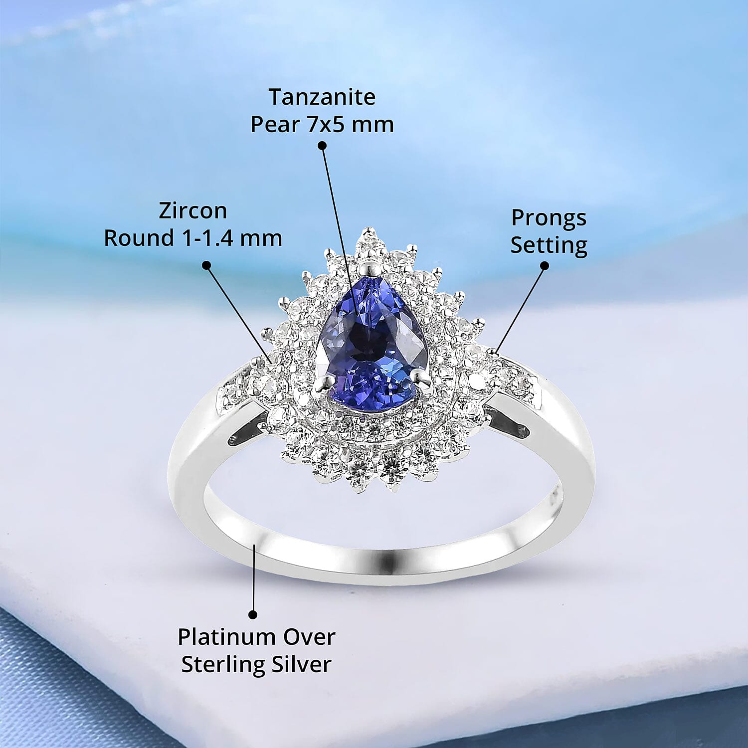 AAA Tanzanite and White Zircon Sunburst Ring in Platinum Over Sterling Silver (Size 10.0) 1.35 ctw