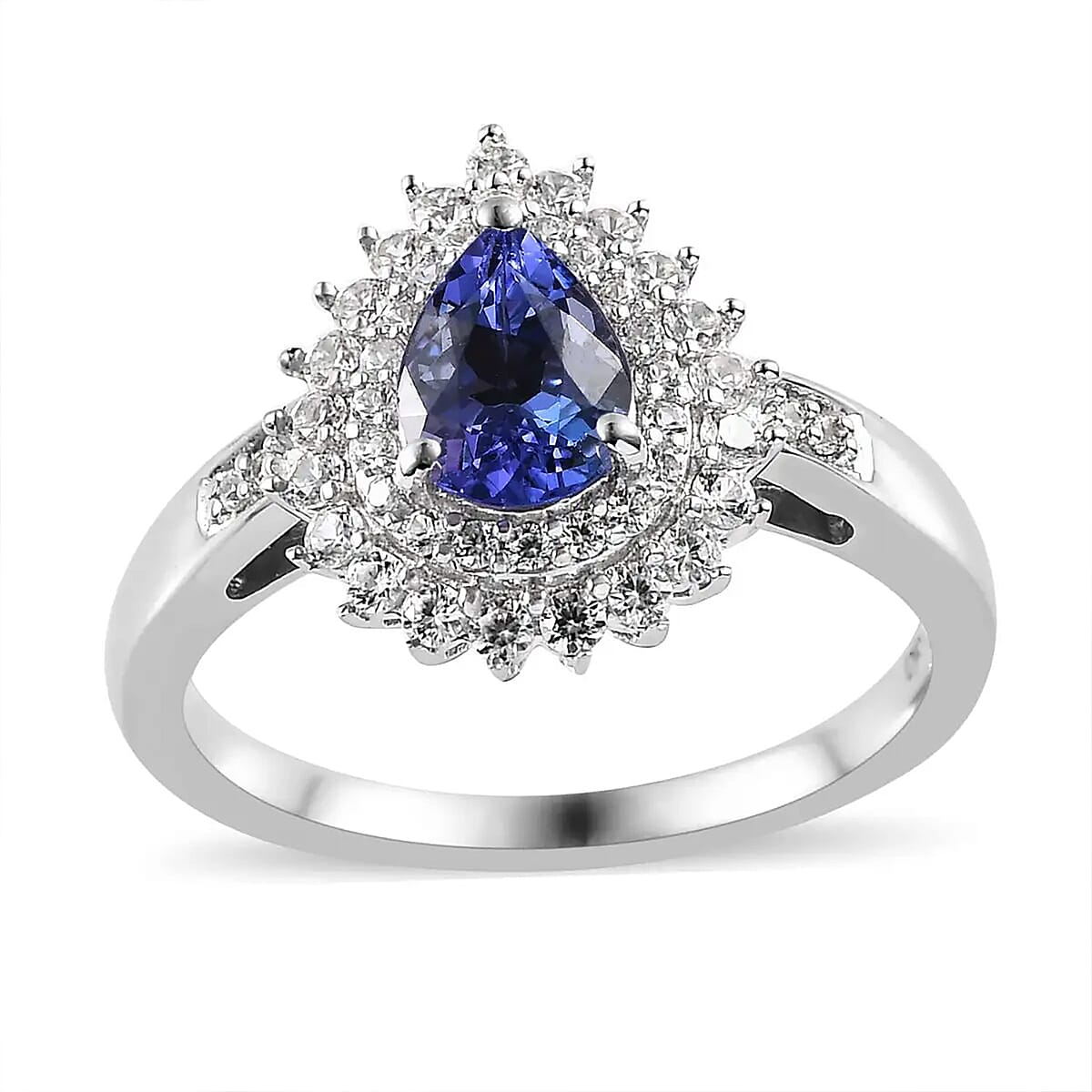 AAA Tanzanite and White Zircon Sunburst Ring in Platinum Over Sterling Silver (Size 6.0) 1.35 ctw image number 0