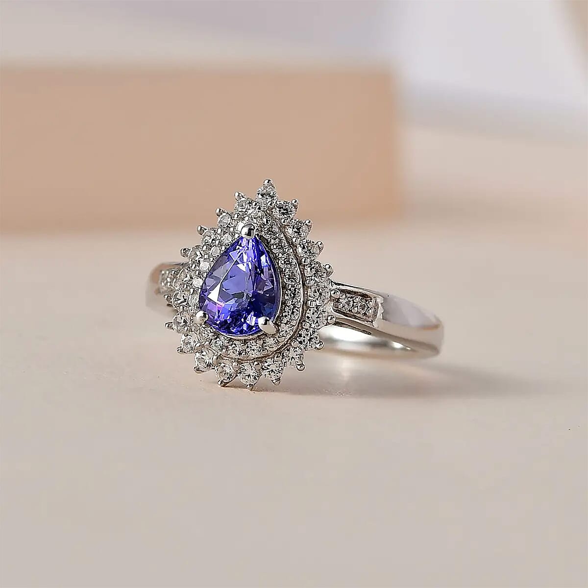 AAA Tanzanite and White Zircon Sunburst Ring in Platinum Over Sterling Silver (Size 6.0) 1.35 ctw image number 1