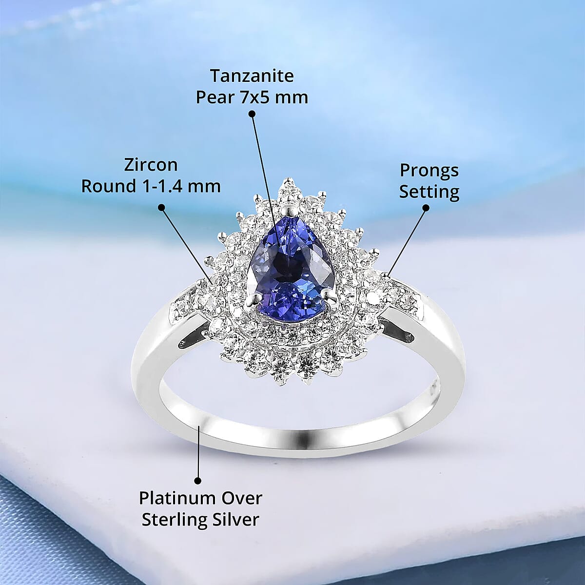 AAA Tanzanite and White Zircon Sunburst Ring in Platinum Over Sterling Silver (Size 6.0) 1.35 ctw image number 4