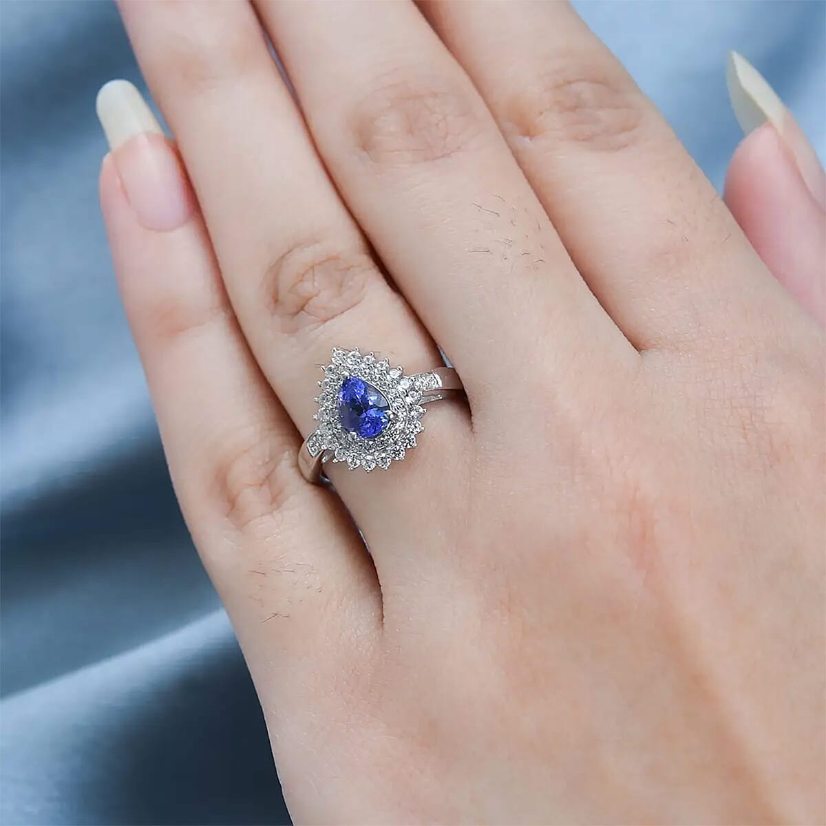 AAA Tanzanite and White Zircon Sunburst Ring in Platinum Over Sterling Silver (Size 6.0) 1.35 ctw image number 7