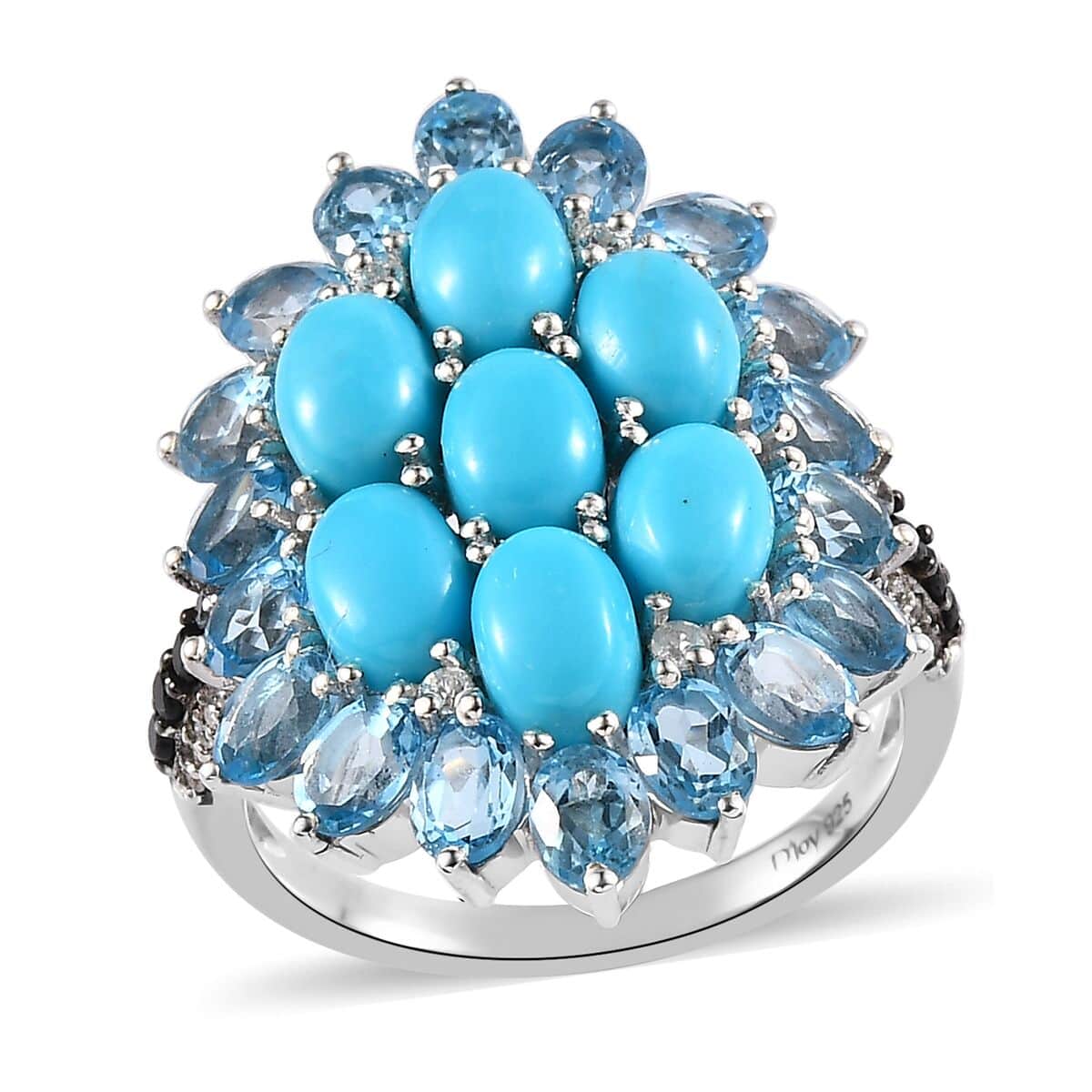 Sleeping Beauty Turquoise and Multi Gemstone Floral Ring in Platinum Over Sterling Silver (Size 10.0) 7.25 ctw image number 0
