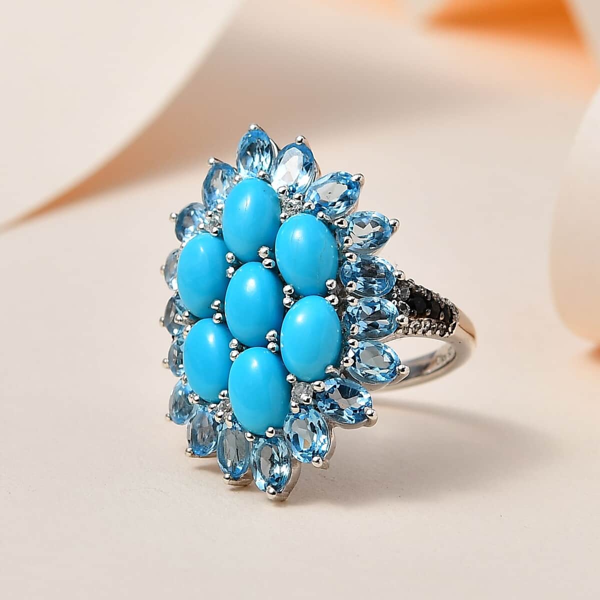 Sleeping Beauty Turquoise and Multi Gemstone Floral Ring in Platinum Over Sterling Silver (Size 10.0) 7.25 ctw image number 1