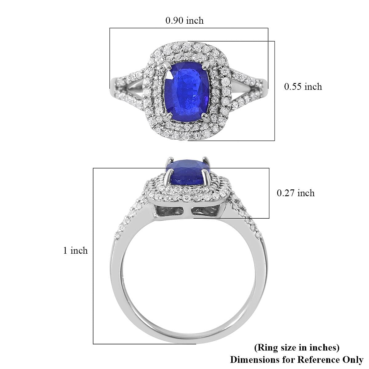 Tanzanian Blue Spinel (DF), White Zircon Double Halo Ring in Platinum Over Sterling Silver (Size 10.0) 2.65 ctw image number 4