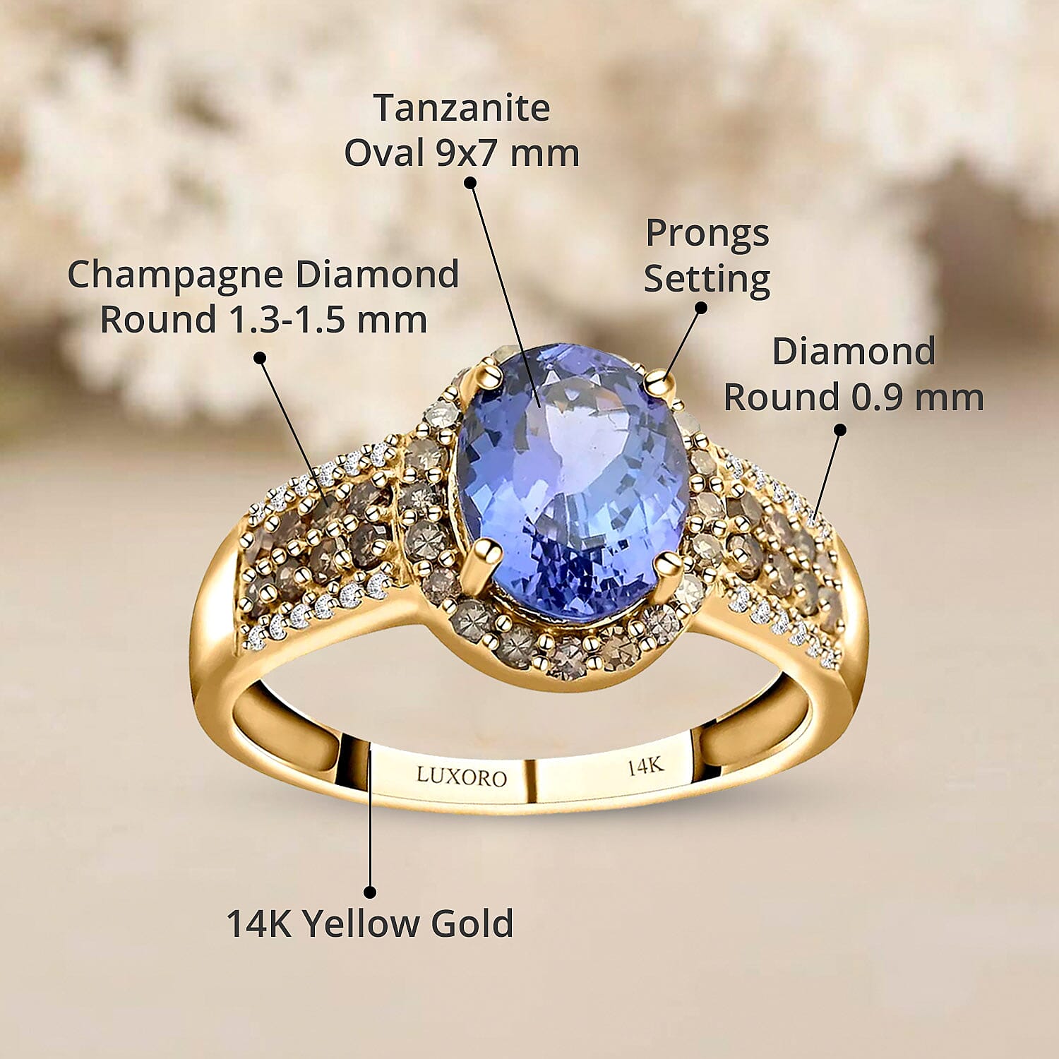 Luxoro 14K Yellow Gold Premium Tanzanite, Natural Champagne and White Diamond I2 Ring (Size 10.0) 2.50 ctw