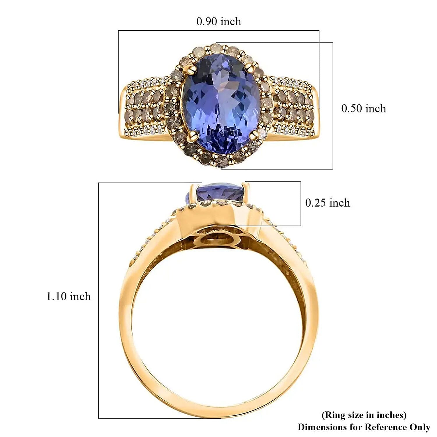 Luxoro 14K Yellow Gold Premium Tanzanite, Natural Champagne and White Diamond I2 Ring (Size 10.0) 2.50 ctw