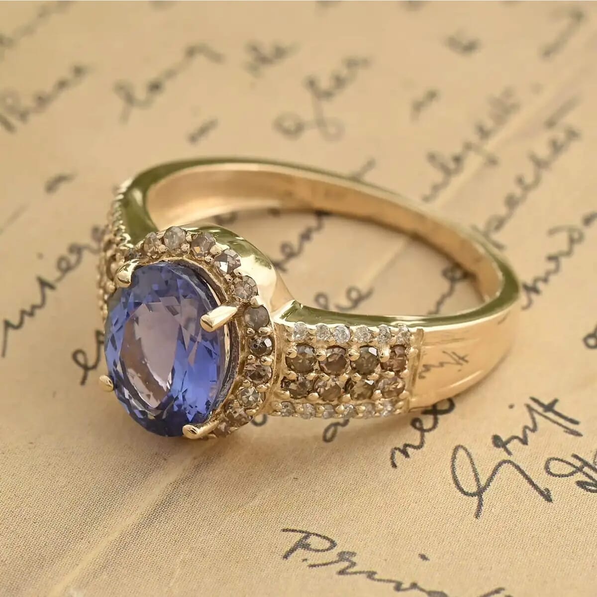 Luxoro 14K Yellow Gold Premium Tanzanite, Natural Champagne and White Diamond I2 Ring (Size 7.5) 2.50 ctw image number 1