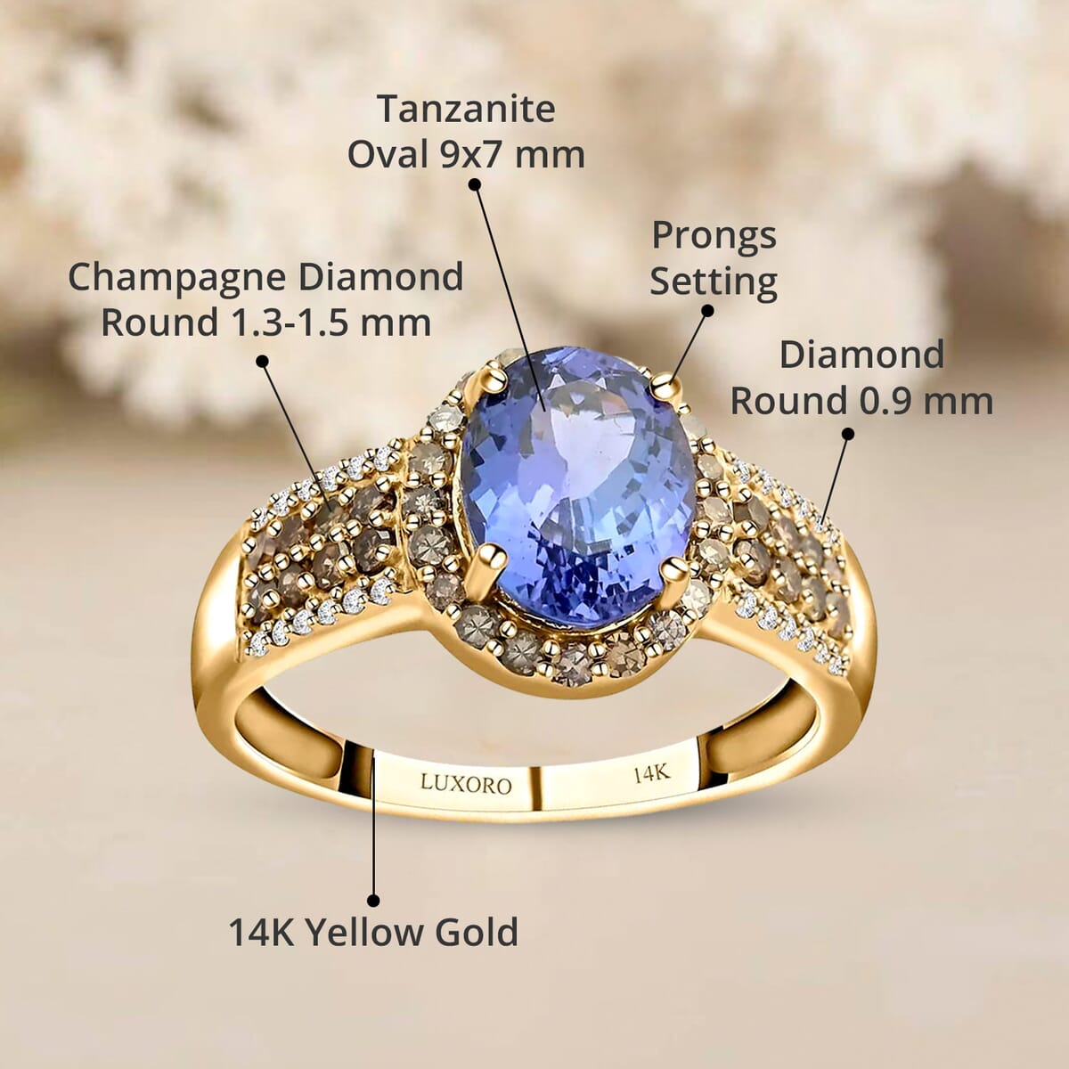 Luxoro 14K Yellow Gold Premium Tanzanite, Natural Champagne and White Diamond I2 Ring (Size 7.5) 2.50 ctw image number 4
