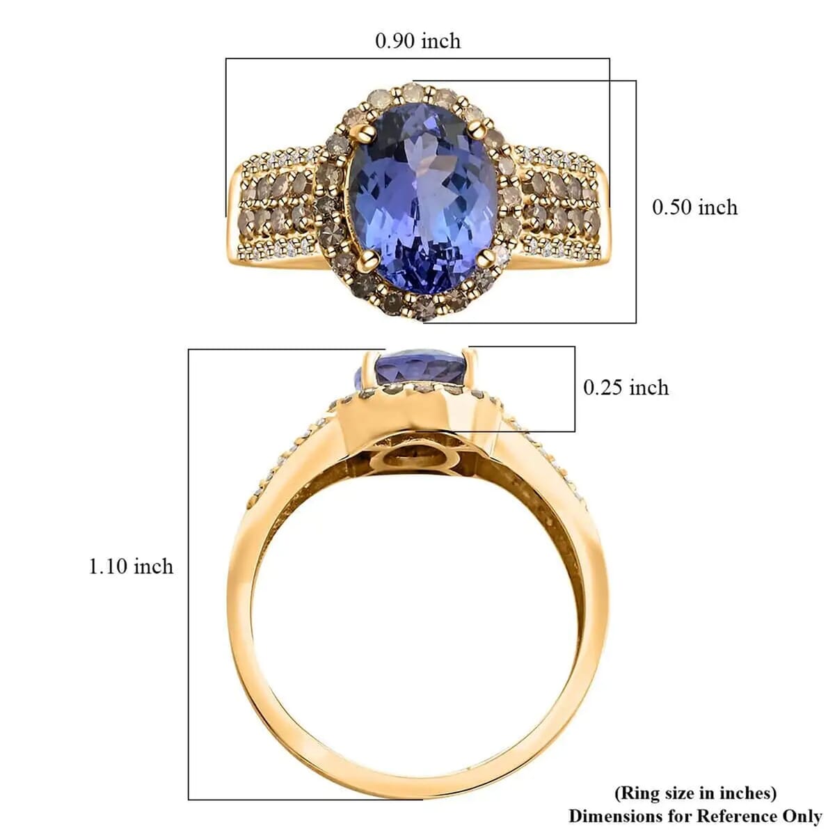 Luxoro 14K Yellow Gold Premium Tanzanite, Natural Champagne and White Diamond I2 Ring (Size 7.5) 2.50 ctw image number 6
