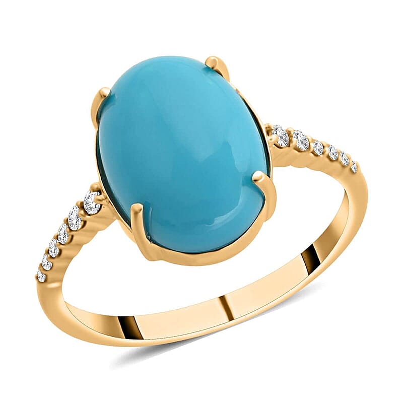 Certified & Appraised Luxoro 10K Yellow Gold AAA Sleeping Beauty Turquoise, Diamond (G-H, I2) (0.16 cts) Ring (Size 12.0) 5.20 ctw