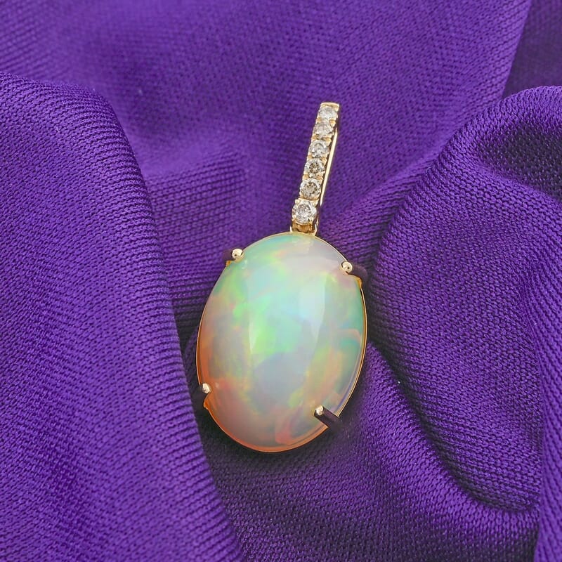 Certified & Appraised Luxoro AAA Ethiopian Welo Opal and G-H I2 Diamond 6.94 ctw Pendant in 10K Yellow Gold