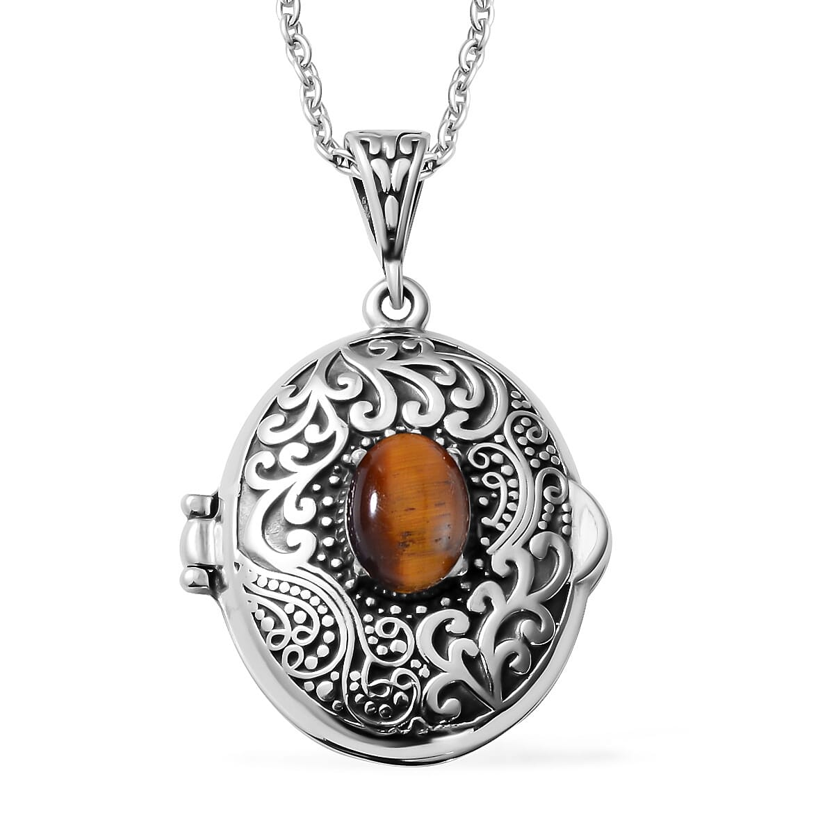 Yellow Tigers Eye Locket Pendant Necklace 24 Inches in Stainless Steel 1.00 ctw image number 0