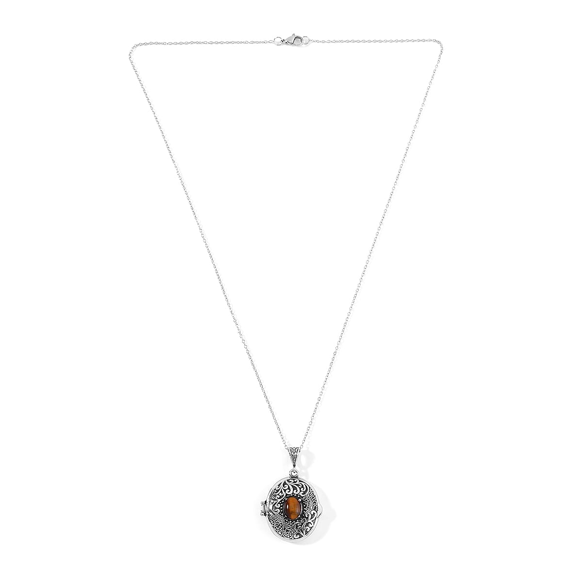 Yellow Tigers Eye Locket Pendant Necklace 24 Inches in Stainless Steel 1.00 ctw image number 3