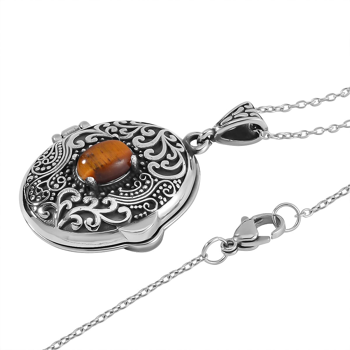 Yellow Tigers Eye Locket Pendant Necklace 24 Inches in Stainless Steel 1.00 ctw image number 4