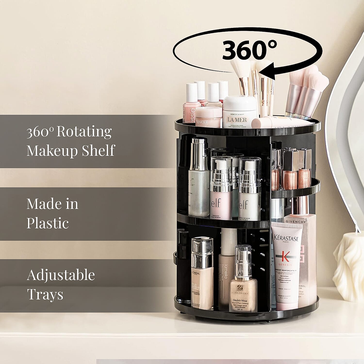 Black 360 Degree Rotating Adjustable Multi-function Makeup Organizer with Brush Holder
